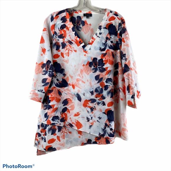 Limited Asymmetrical Floral Blouse Tunic White Blue Orange Medium - Picture 1 of 6